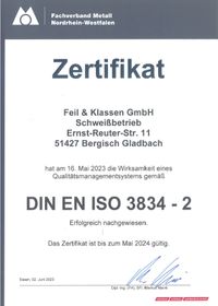 Zertifikat DIN EN ISO 3834-2 2024 Schweissbetrieb Klassen &amp; Feil GmbH